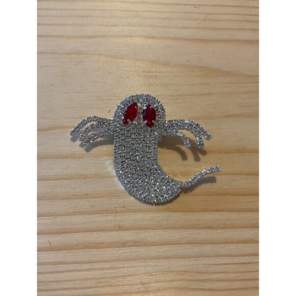 Sparkly Rhinestone Ghost Brooch Pin With Red Eyes For Halloween Costume Jewelry